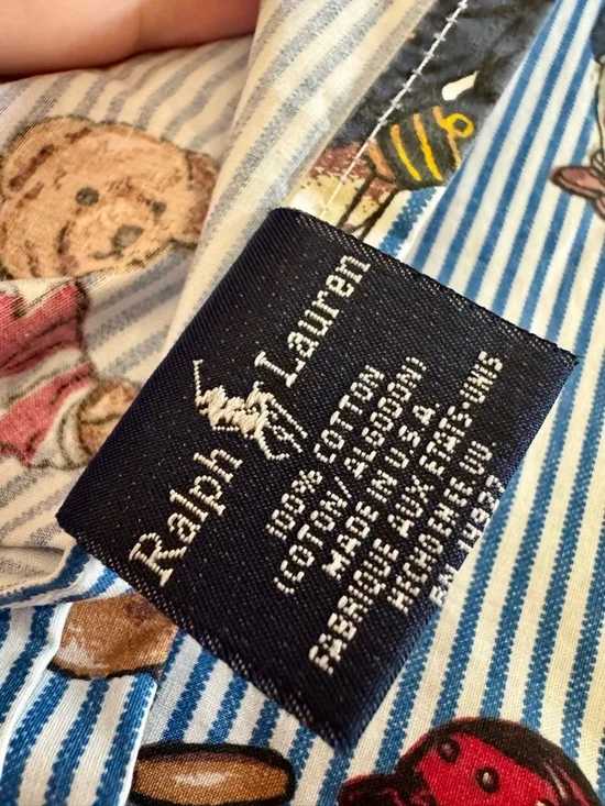 Ralph Lauren Vintage Polo Preppy Teddy Bear Blue Striped Flat Sheet Twin Size - Picture 3 of 5